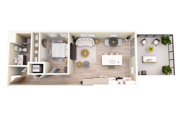 Floor Plan  A top-down view of a well-organized apartment with a kitchen, living room, and bathroom.