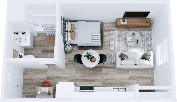 Floor Plan  A top-down view of a modern living room with a dining area and kitchen.