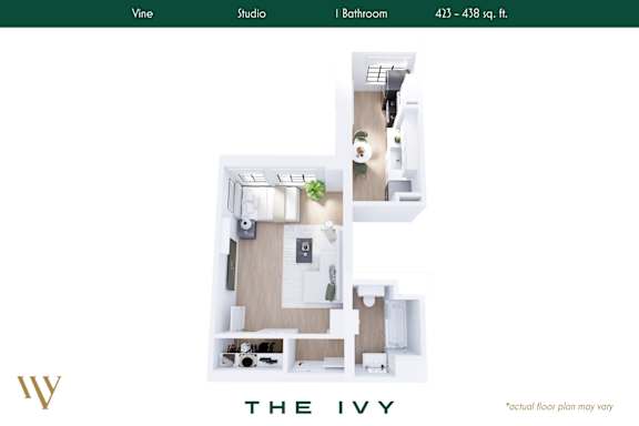 Floor Plan  A floor plan of a studio apartment with a vine, a bathroom, and a kitchen.