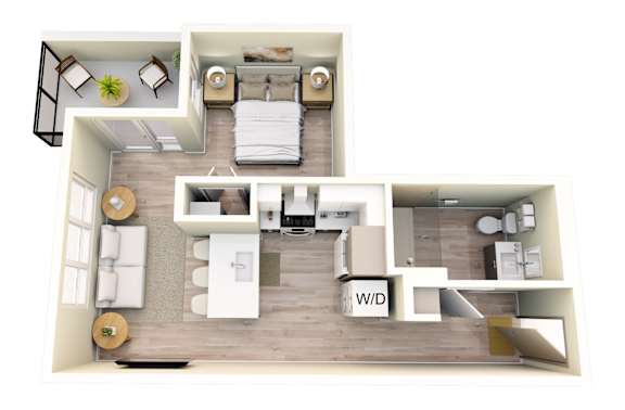 Floor Plan  A floor plan of a small apartment with a kitchen, living room, and bedroom.