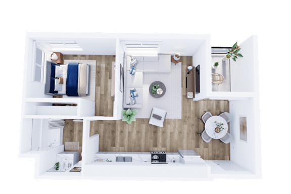 Floor Plan  A top-down view of a modern apartment with a kitchen, living room, and bedroom.