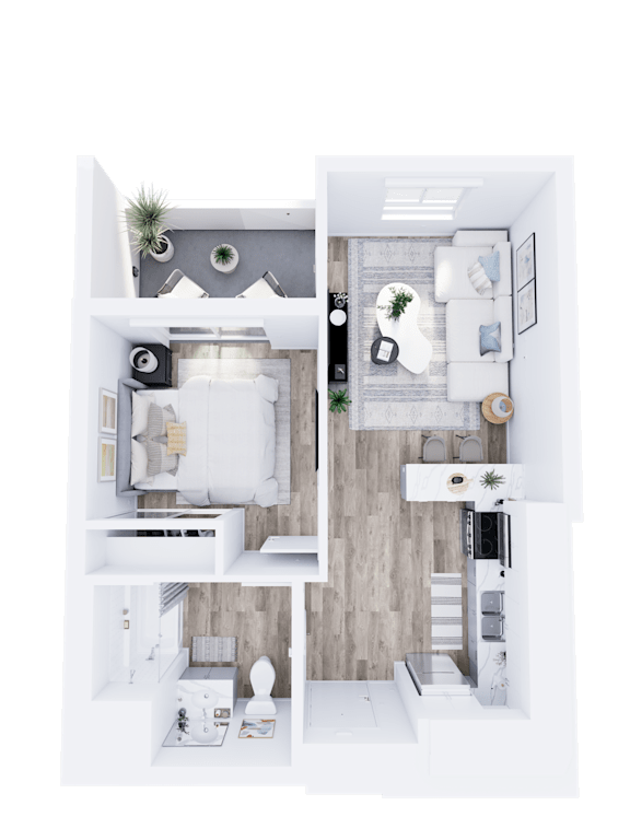Floor Plan  A top-down view of a modern, minimalist apartment with a bedroom, living room, and kitchen.