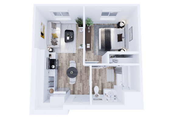 Floor Plan  A top-down view of a modern, minimalist apartment with a kitchen, living room, and bathroom.