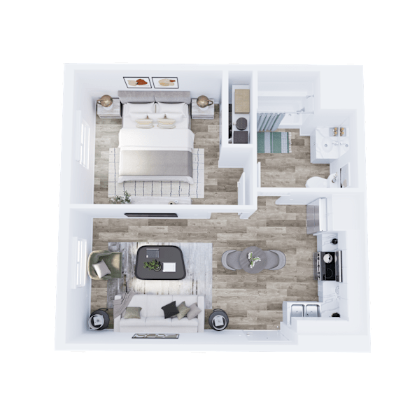 Floor Plan  A top-down view of a small apartment with a bedroom, living room, and kitchen.