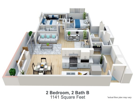 3d floor plan of a house with bedrooms and baths