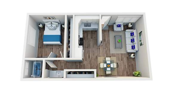 Floor Plan  A top down view of a small apartment with a bedroom, living room, and kitchen.