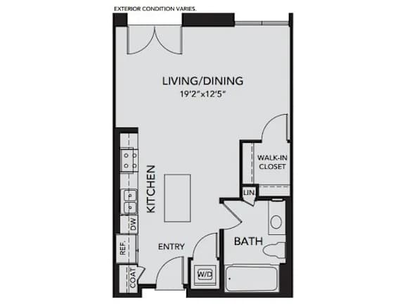 Floor Plan  A floor plan of a small apartment with a living/dining area, kitchen, bathroom, and entry.