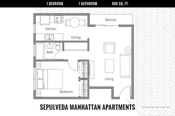 Floor Plan  A black and white image of a floor plan for a 600 square foot apartment.