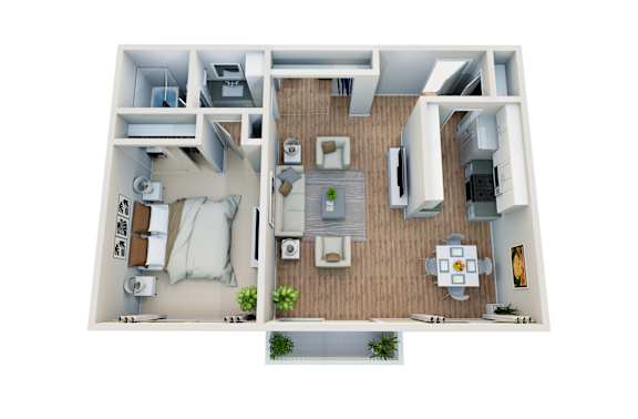 Floor Plan  A 3D floor plan of a small apartment with a kitchen, living room, and bedroom.