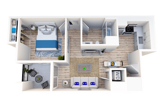 A 3D floor plan of a small apartment with a bedroom, living room, and kitchen.