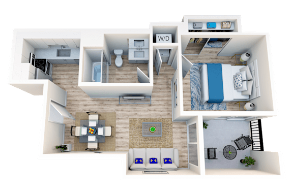 A 3D floor plan of a house showing the layout of the rooms.