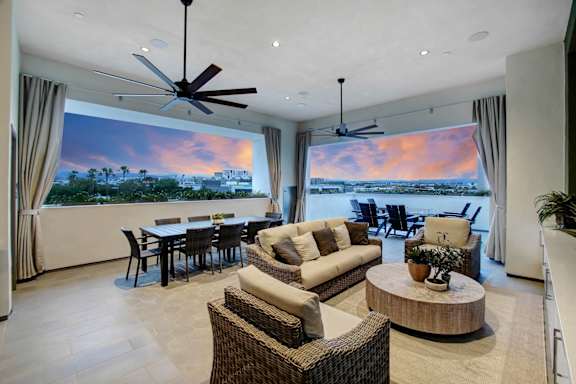 a living room with a couch and a table