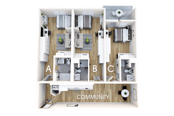 Floor Plan  A floor plan of a house with labeled rooms A, B, C, and a community area.