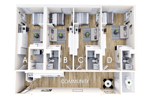 Floor Plan  A top down view of apartment layout with A, B, C, D and W/D labeled.