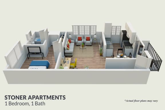 Floor Plan  a 3d floor plan of a room with a bathroom and a balcony