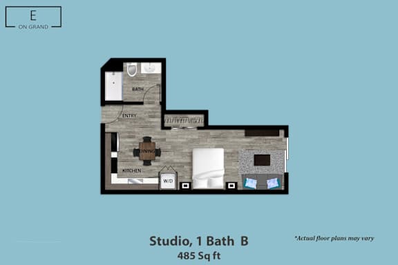 Floor Plan  A diagram of a studio apartment with a bathroom, kitchen, and dining area.