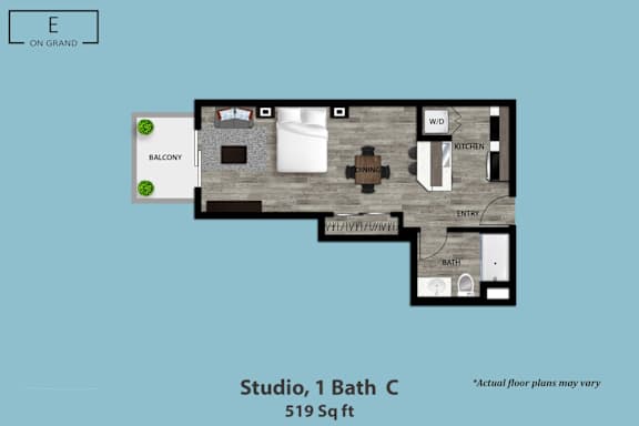 Floor Plan  A floor plan of a studio apartment with a bath and a balcony.