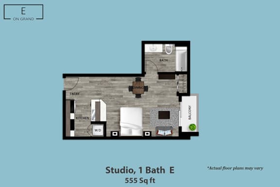 Floor Plan  A floor plan of a studio apartment with a bathroom, kitchen, and living area.
