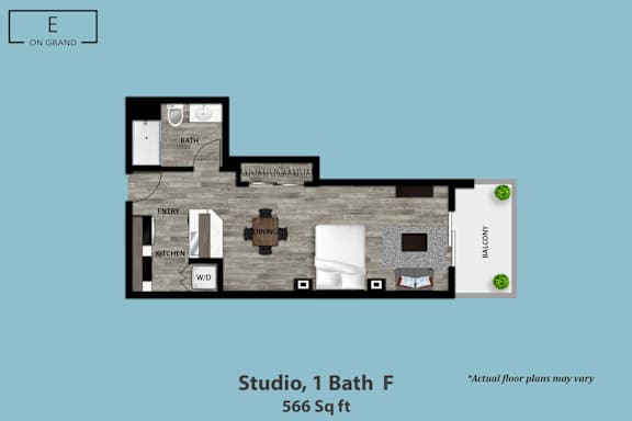 Floor Plan  A floor plan of a studio apartment with a bath and a balcony.