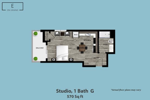 Floor Plan  A floor plan of a studio apartment with a balcony.