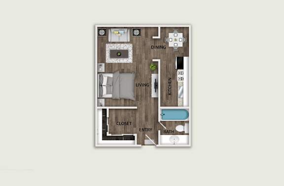 Floor Plan  A floor plan of a house with a kitchen, dining area, living room, and bathroom.