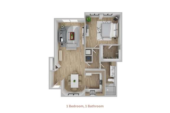 Floor Plan  A floor plan of a small apartment with one bedroom and one bathroom.