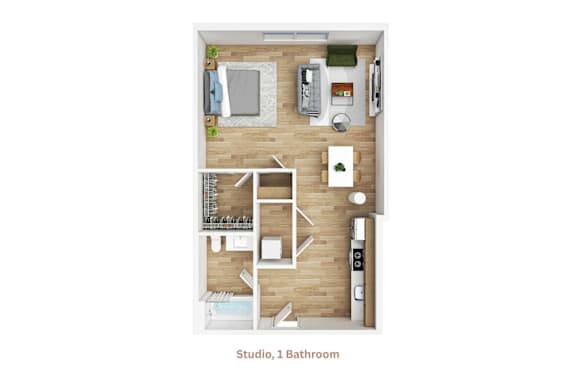 Floor Plan  A studio apartment with a bathroom and a kitchenette.