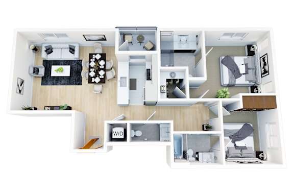 Floor Plan  A top-down view of a modern apartment layout with a living room, kitchen, dining area, and bedrooms.