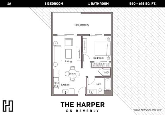 Floor Plan  A floor plan for a 1 bedroom, 1 bathroom apartment at The Harper on Beverly.