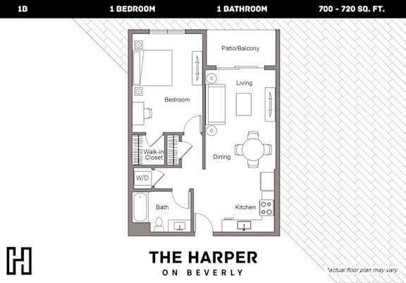 Floor Plan  A floor plan for a 1 bedroom, 1 bathroom apartment at The Harper on Beverly.