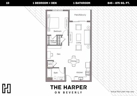 Floor Plan  A floor plan for a 1 bedroom + den apartment at The Harper on Beverly.