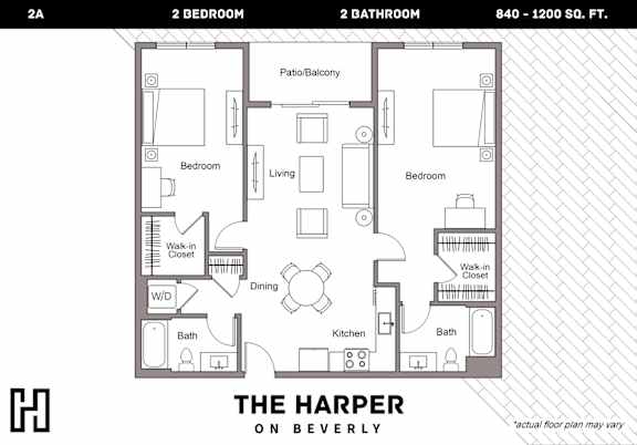 Floor Plan  A floor plan for a 2 bedroom, 2 bathroom apartment at The Harper on Beverly.