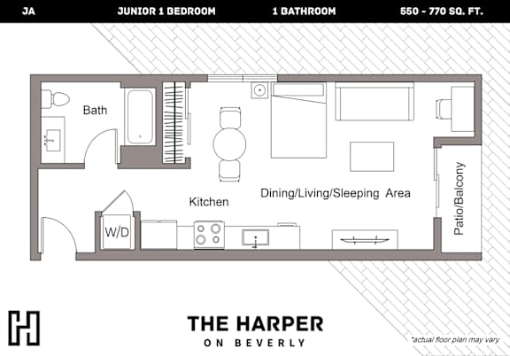 Floor Plan  A floor plan of a one bedroom apartment at The Harper on Beverly.