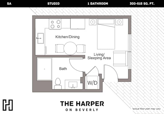 Floor Plan  A floor plan for a 300-515 square foot studio apartment.