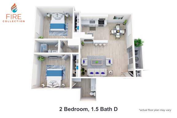 Floor Plan  A floor plan of a two bedroom apartment with one and a half bathrooms.