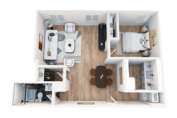 Floor Plan  A top-down view of a small apartment with a kitchen, living room, and bedroom.
