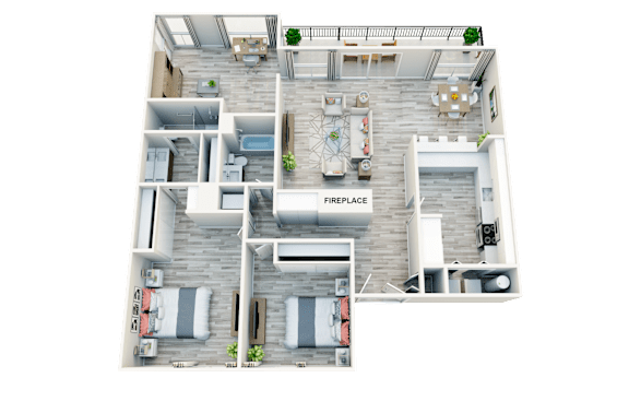 A 3D floor plan of a house with a fireplace and multiple rooms.
