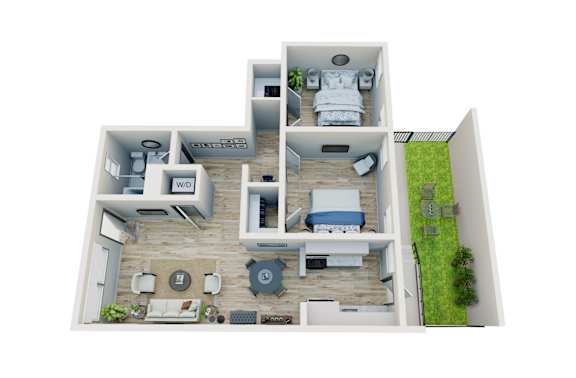 Floor Plan  A 3D floor plan of a house with a living room, kitchen, dining room, and two bedrooms.