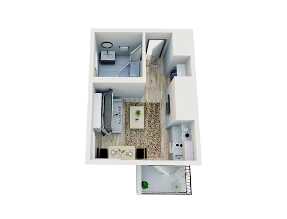 Floor Plan  A floor plan of a small apartment with a kitchen, living room, and bathroom.