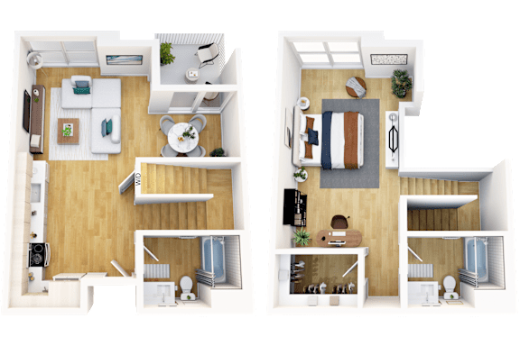Floor Plan  Two images of a top-down view of a small apartment layout.