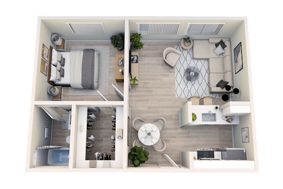 Floor Plan  A 3D floor plan of a small apartment with a bedroom, living room, kitchen, and bathroom.