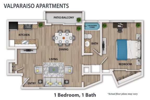 a floor plan of 1 bedroom, 1 bath