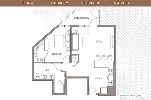 Floor Plan  A floor plan of a one bedroom apartment with a bathroom and a living room.