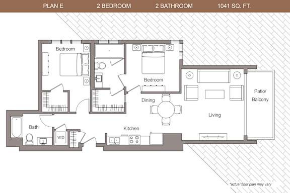 Floor Plan  A floor plan of a 2 bedroom, 2 bathroom apartment is shown.