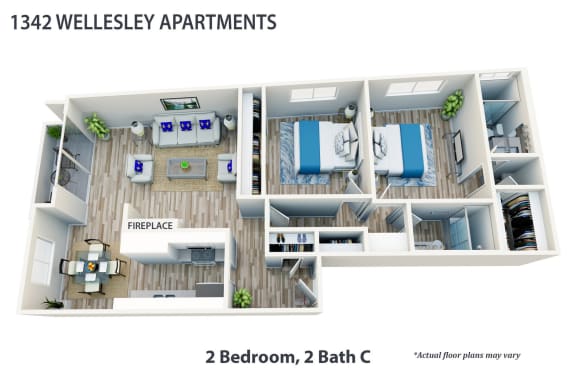 Floor Plan  a 3d floor plan of a 2 bedroom 2 bath condo