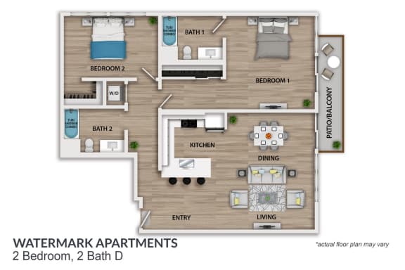 the floor plan of watermark apartments 2 bedroom 2 bath d