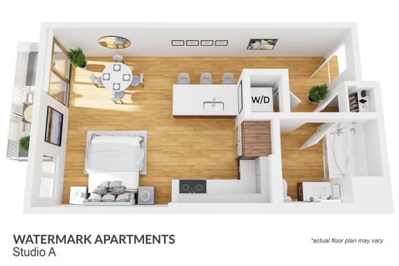 a stylized floor plan of a studio apartment
