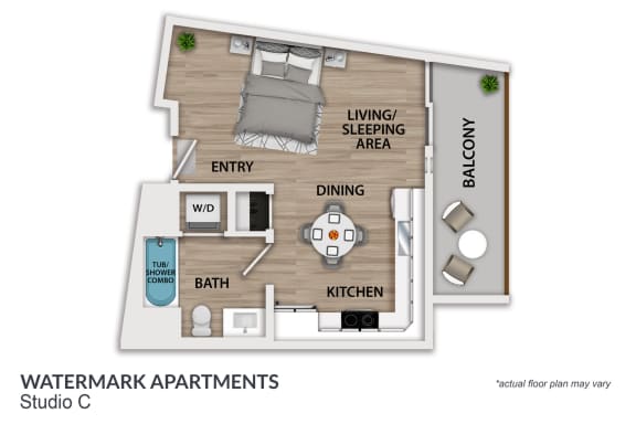a stylized floor plan of studio c with a bedroom and living room