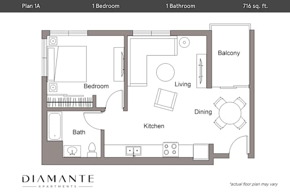 Floor Plan  A floor plan for a 716 sq. ft. apartment with one bedroom, one bathroom, a living room, dining room, kitchen, and balcony.