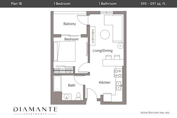 Floor Plan  A floor plan for a 1 bedroom, 1 bathroom apartment at Diamante Apartments.